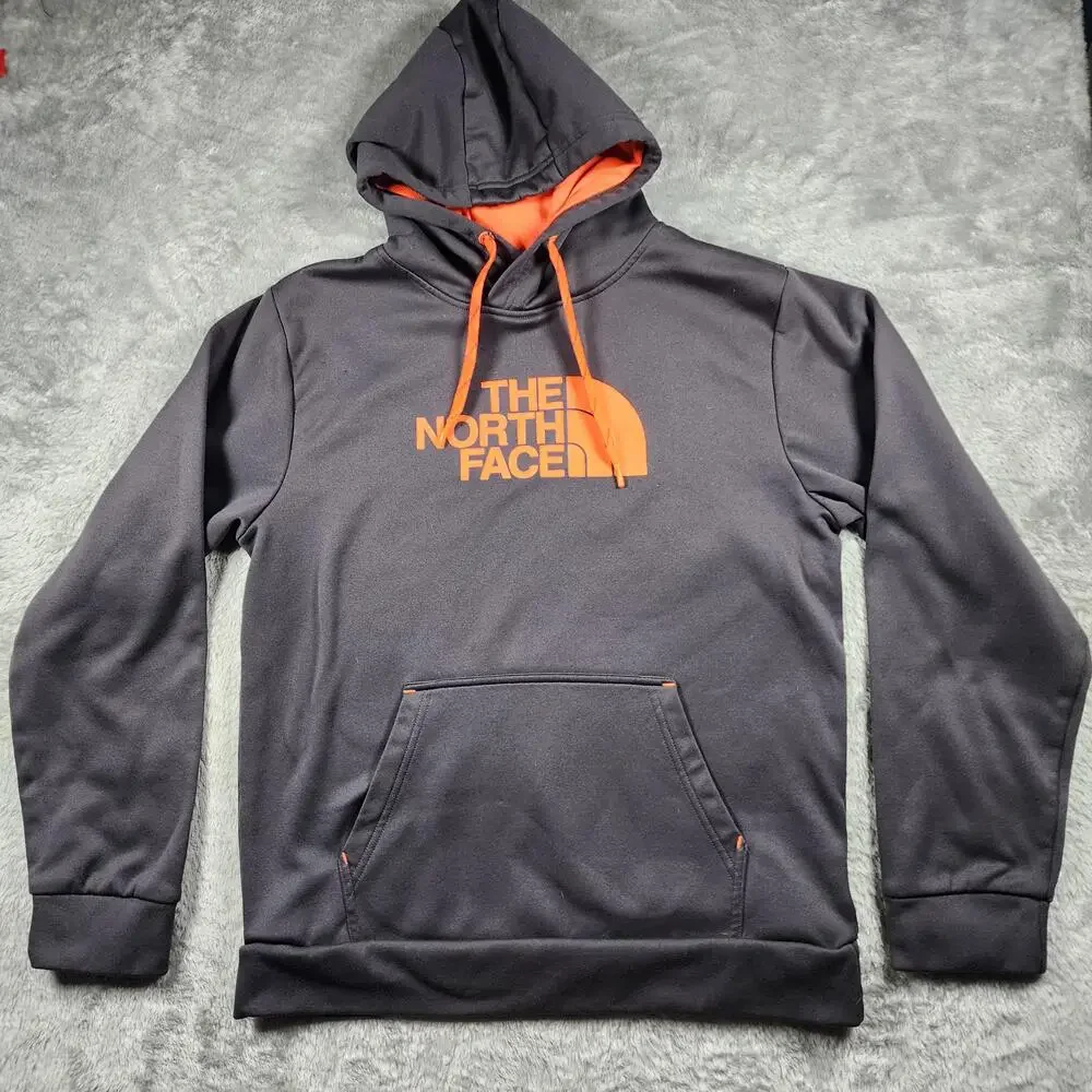The North Face Hoodie Mens Medium Gray Orange Logo Pullover Fleece Sweatshirt